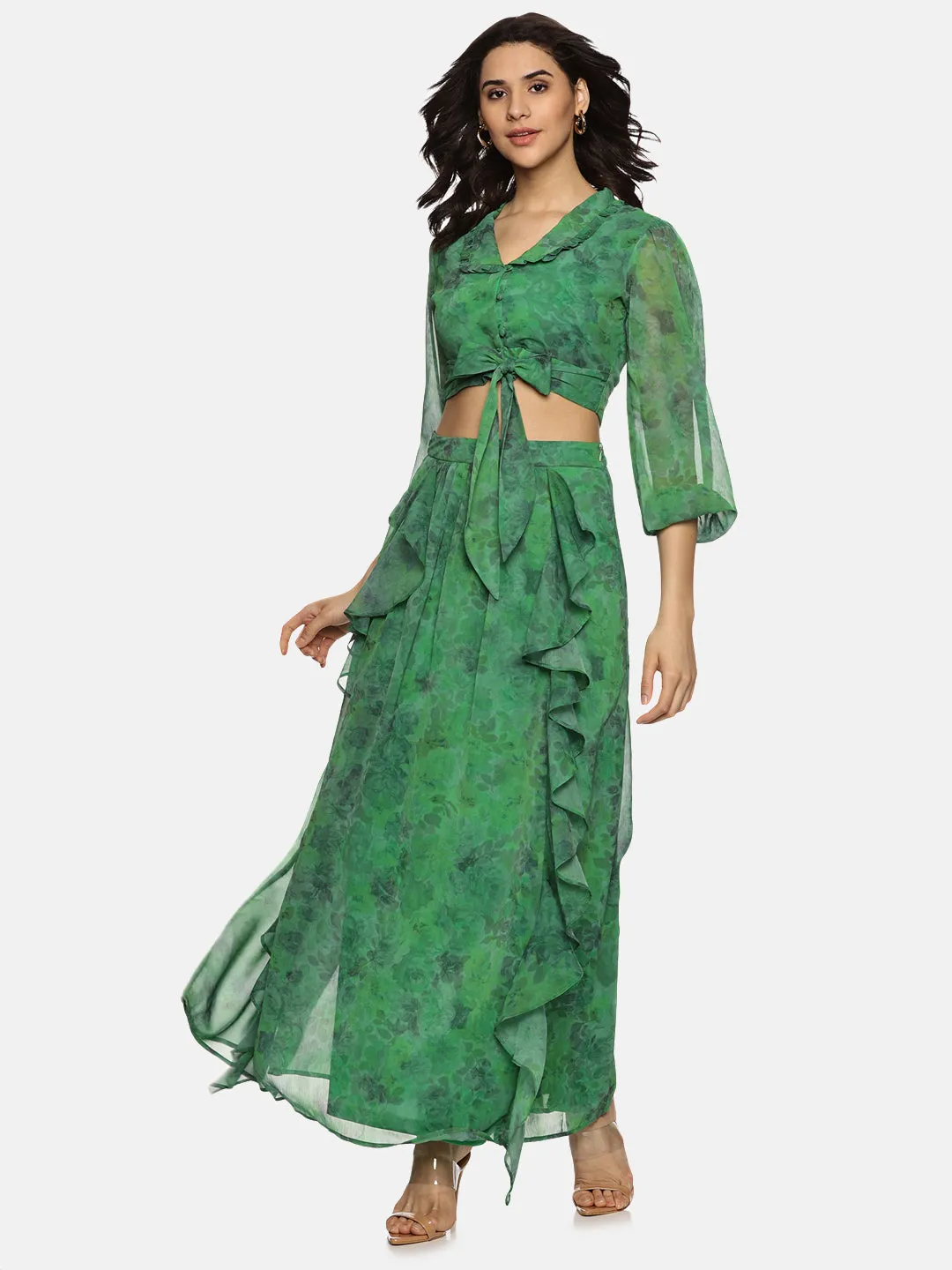 IS.U Floral Green Flare Detail Co-ord Set