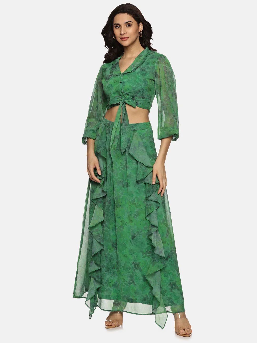 IS.U Floral Green Flare Detail Co-ord Set