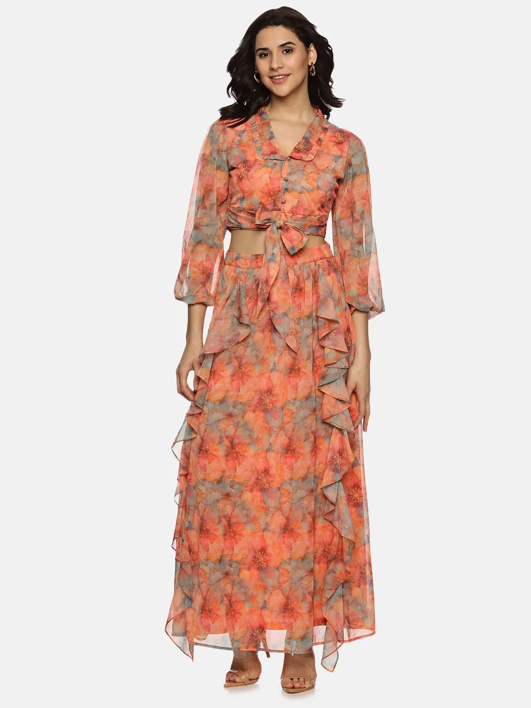 IS.U Floral Orange Flare Detail Co-ord Set