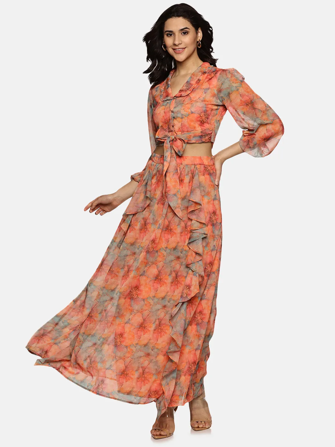 IS.U Floral Orange Flare Detail Co-ord Set