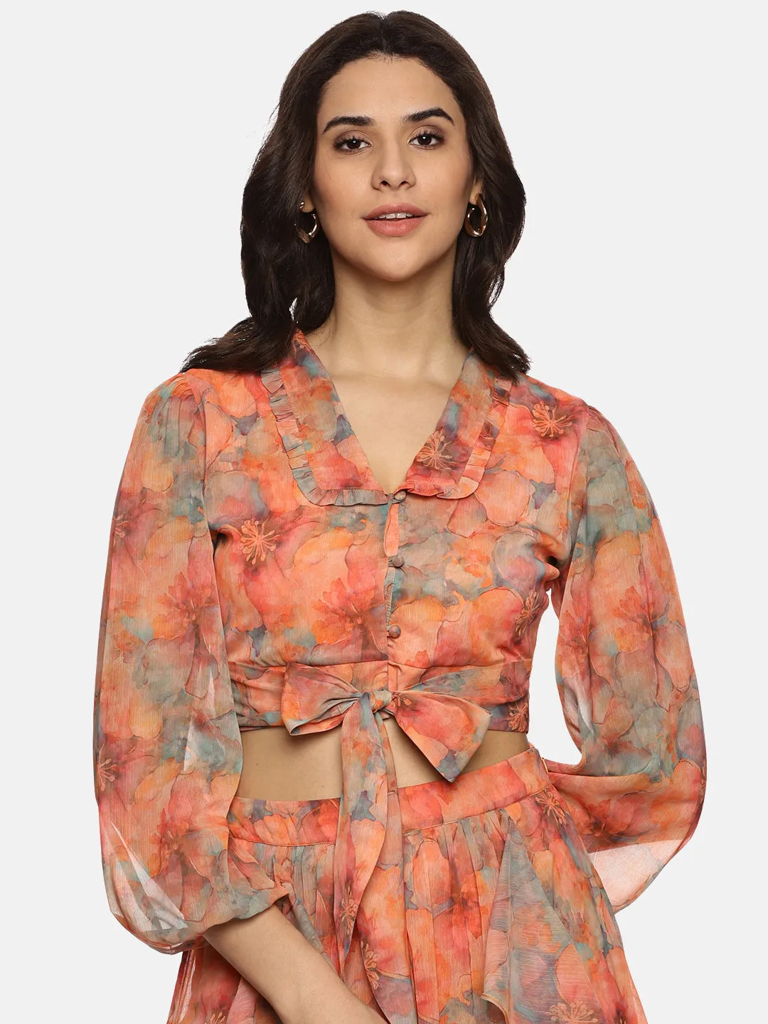 IS.U Floral Orange Flare Detail Co-ord Set