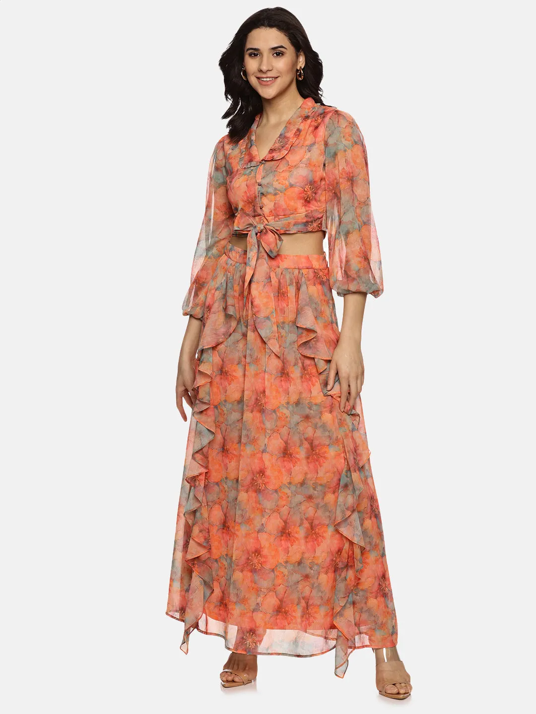 IS.U Floral Orange Flare Detail Co-ord Set