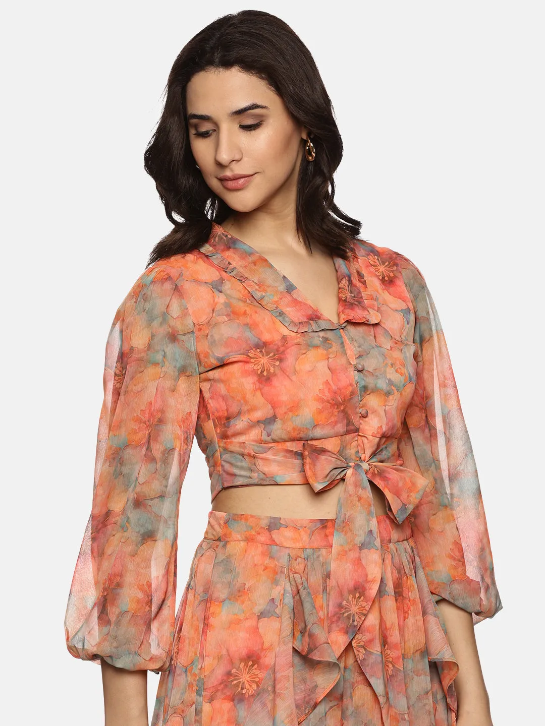 IS.U Floral Orange Flare Detail Co-ord Set