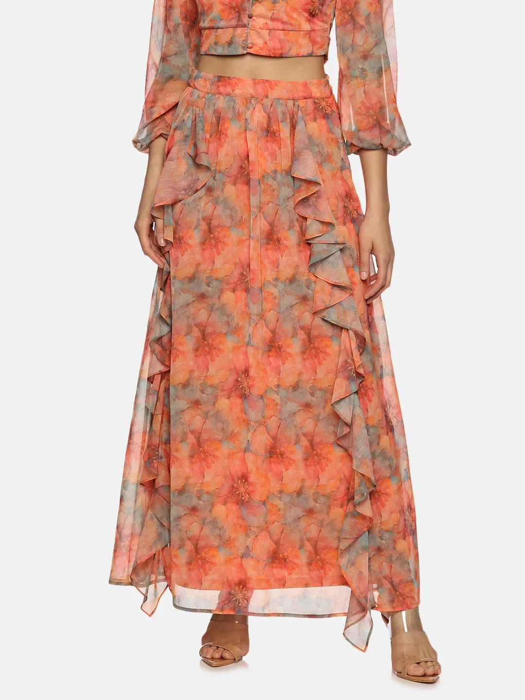 IS.U Floral Orange Flare Detail Co-ord Set