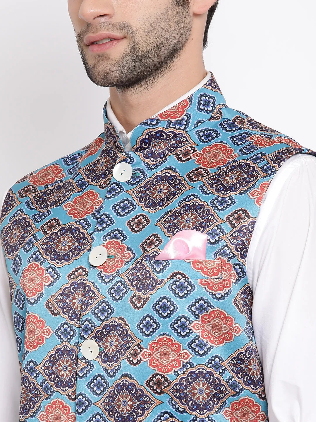 Jashvi Men's Blue Digital Printed Royal Nehru Jacket