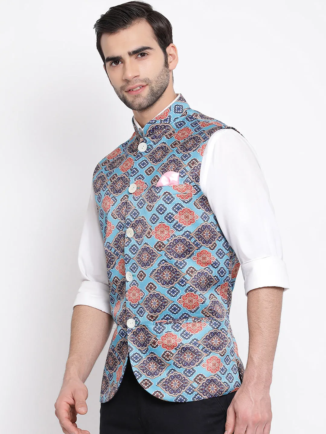 Jashvi Men's Blue Digital Printed Royal Nehru Jacket