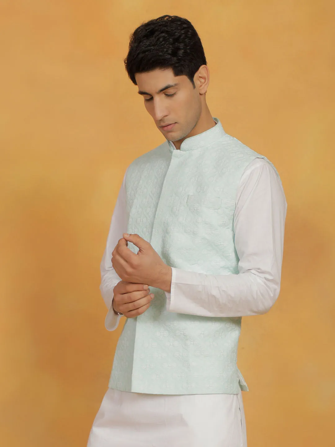 Jashvi Men's Green Cotton Nehru Jacket