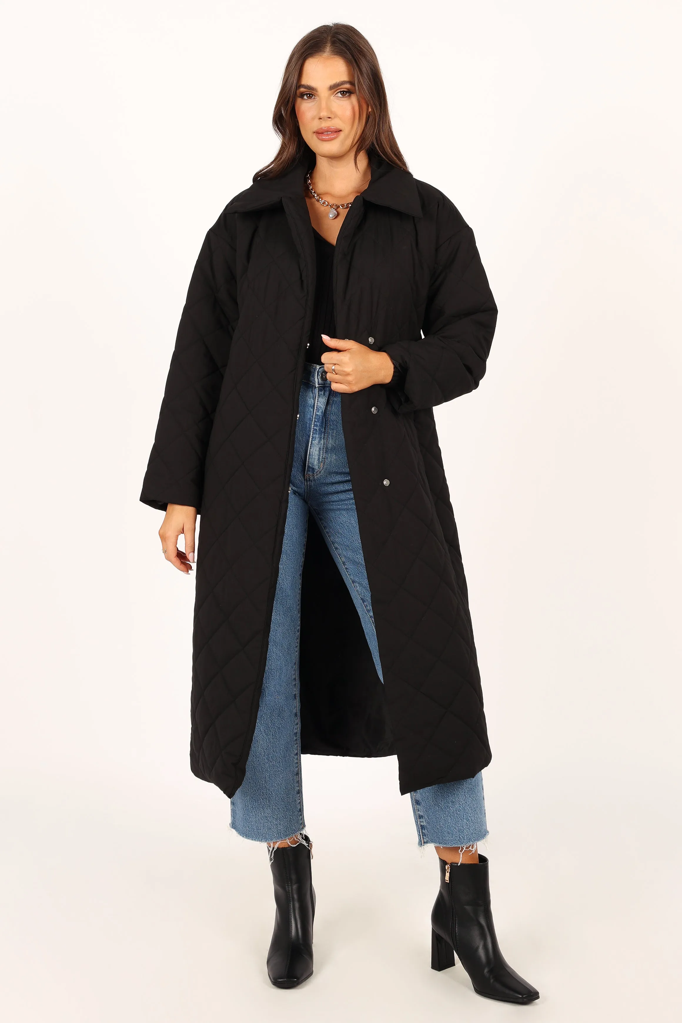 Kallie Quilted Tie Front Coat - Black