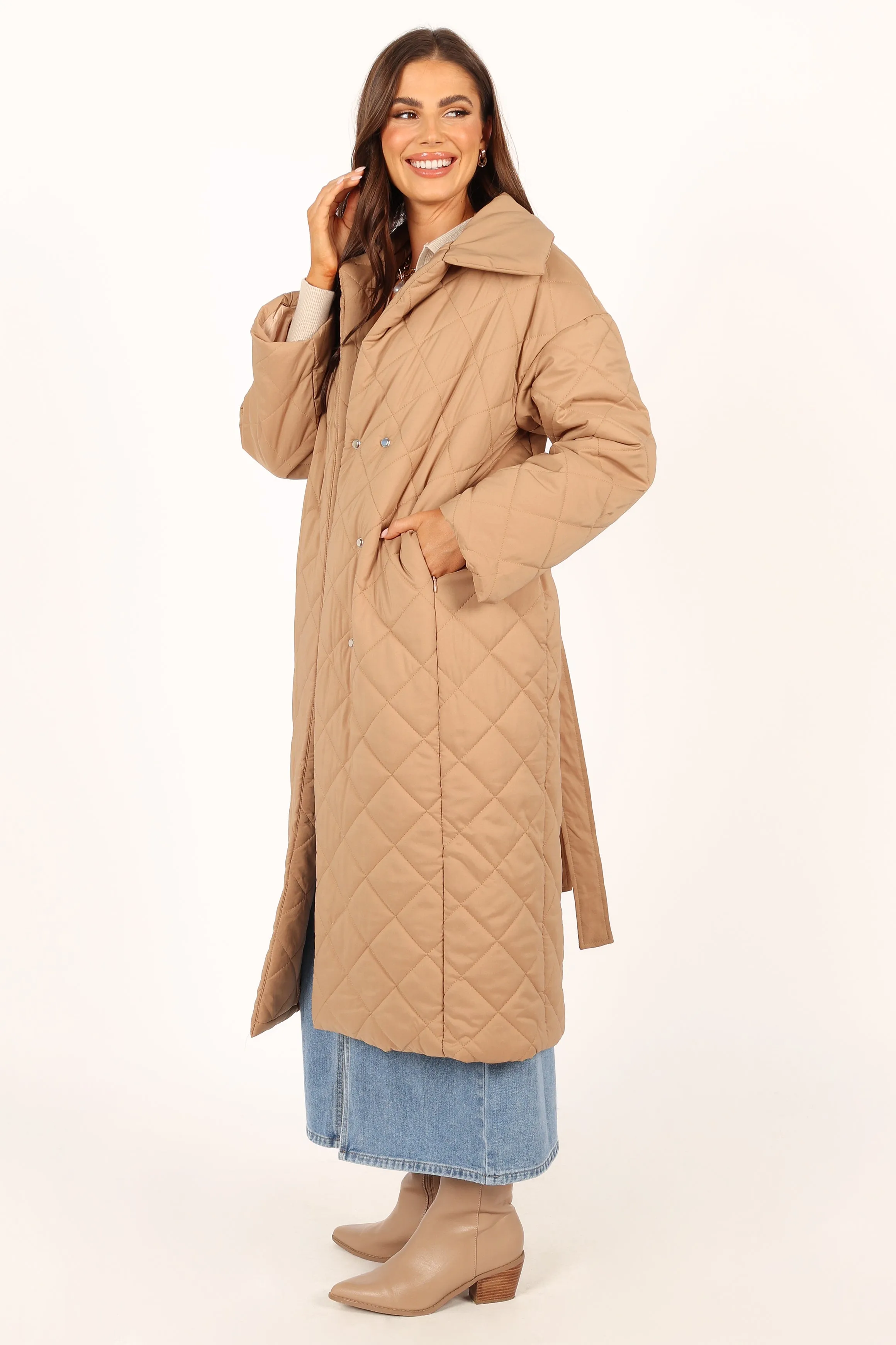 Kallie Quilted Tie Front Coat - Camel