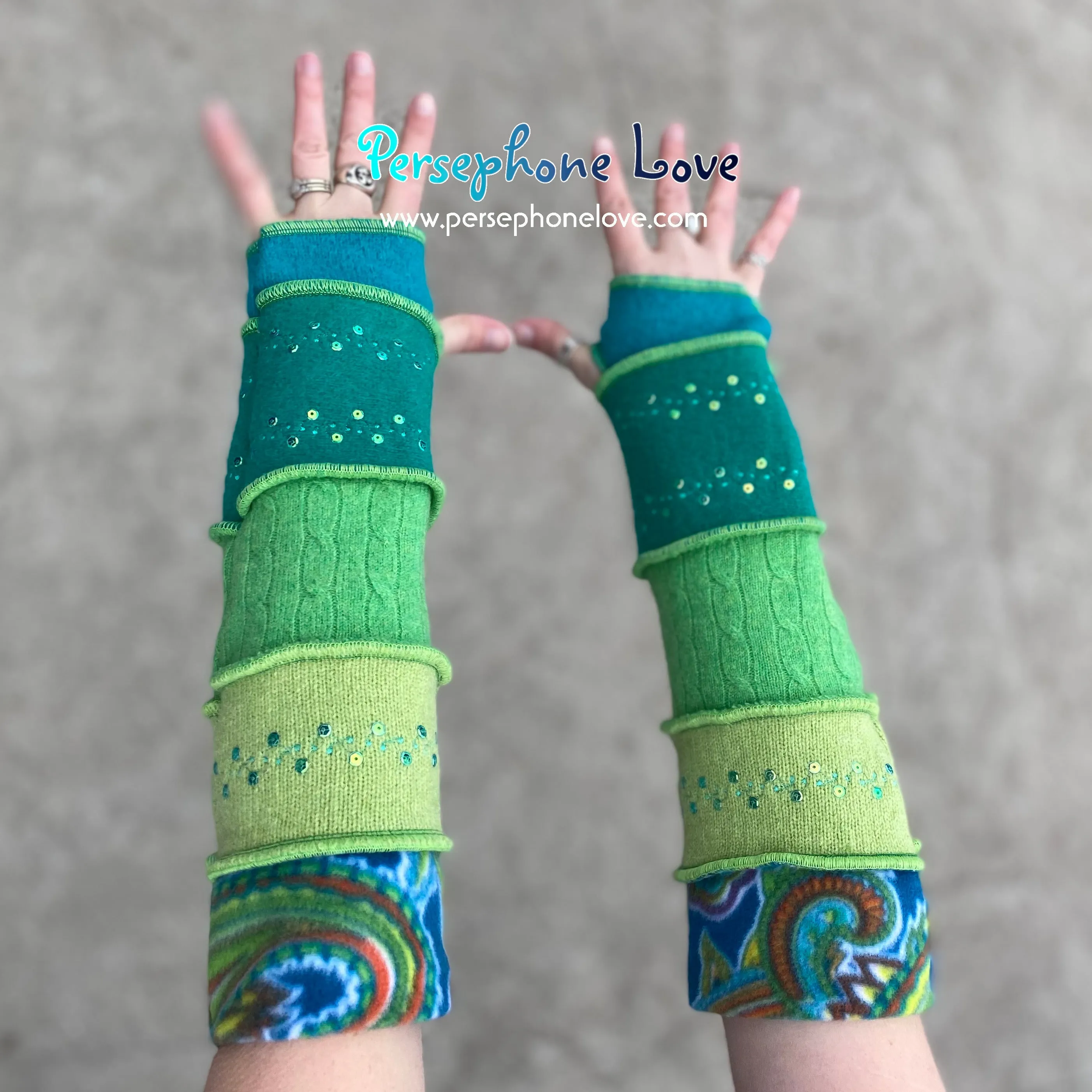 Katwise inspired needle-felted teal blue green upcycled sweater arm warmers embroidery SEQUINS-1374