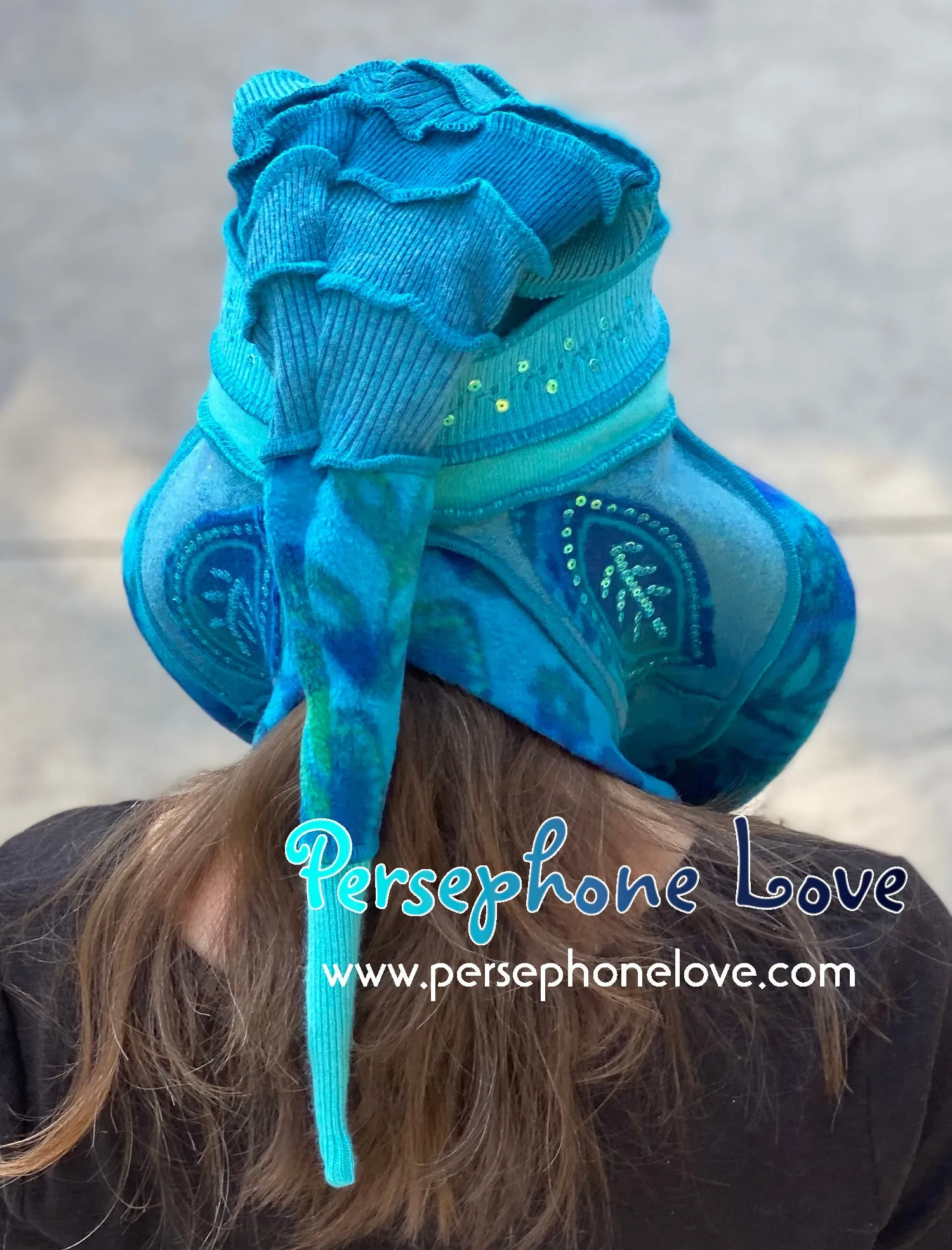 Katwise inspired teal felted 100% cashmere paisley sequin pixie jester hat-1432