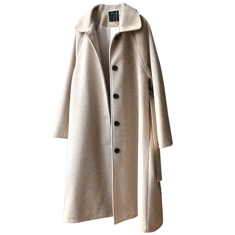 [Korean Style] High Quality Fully Lined Single Breasted A Line Belted Long Woolen Coat