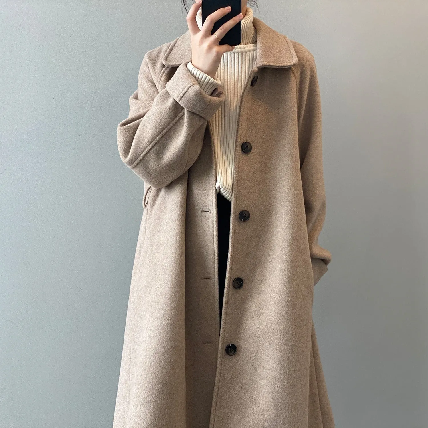 [Korean Style] High Quality Fully Lined Single Breasted A Line Belted Long Woolen Coat