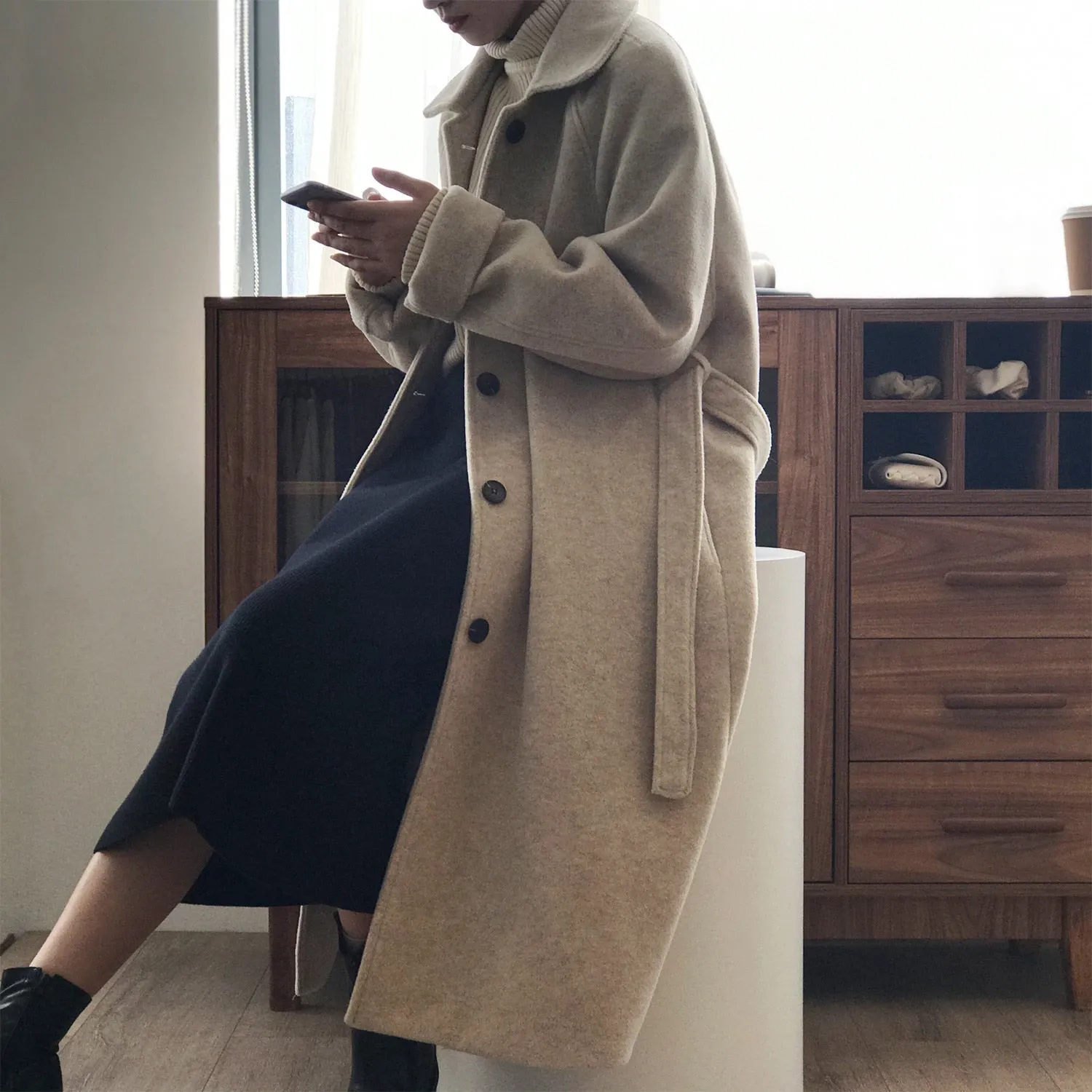 [Korean Style] High Quality Fully Lined Single Breasted A Line Belted Long Woolen Coat