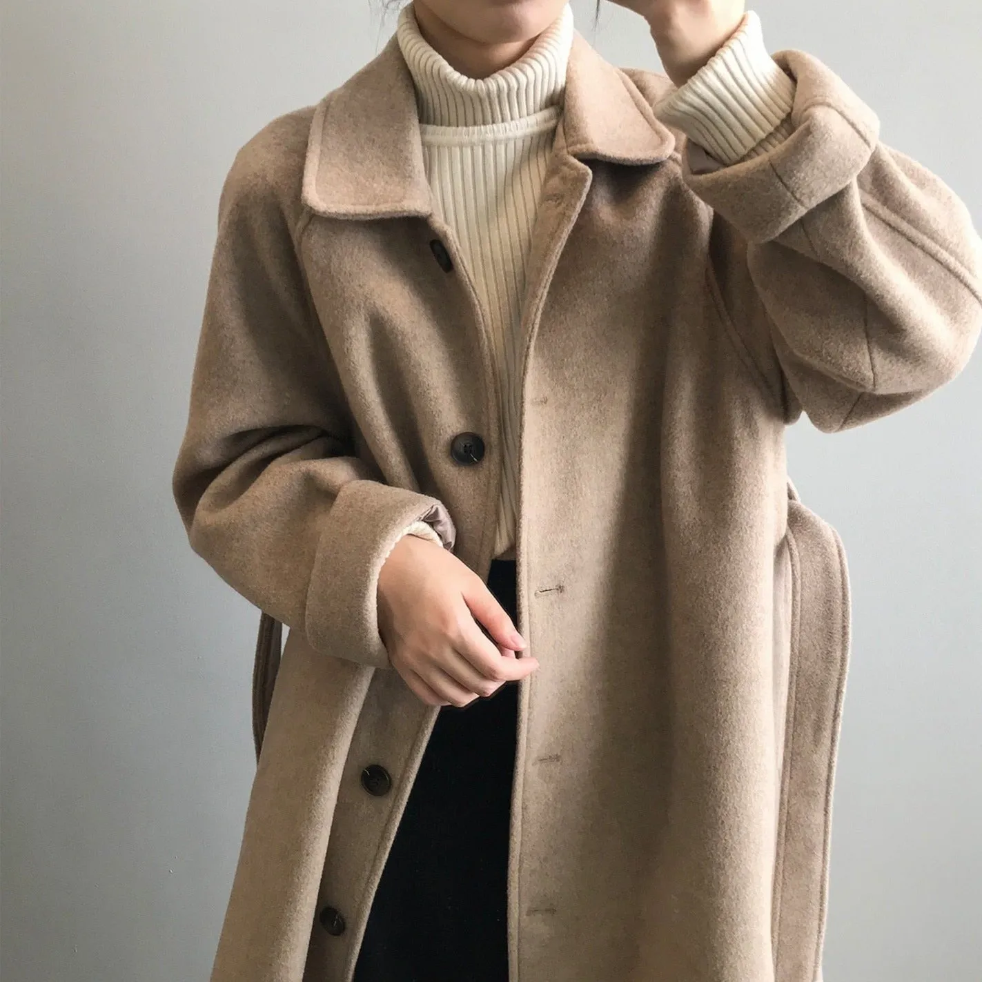 [Korean Style] High Quality Fully Lined Single Breasted A Line Belted Long Woolen Coat