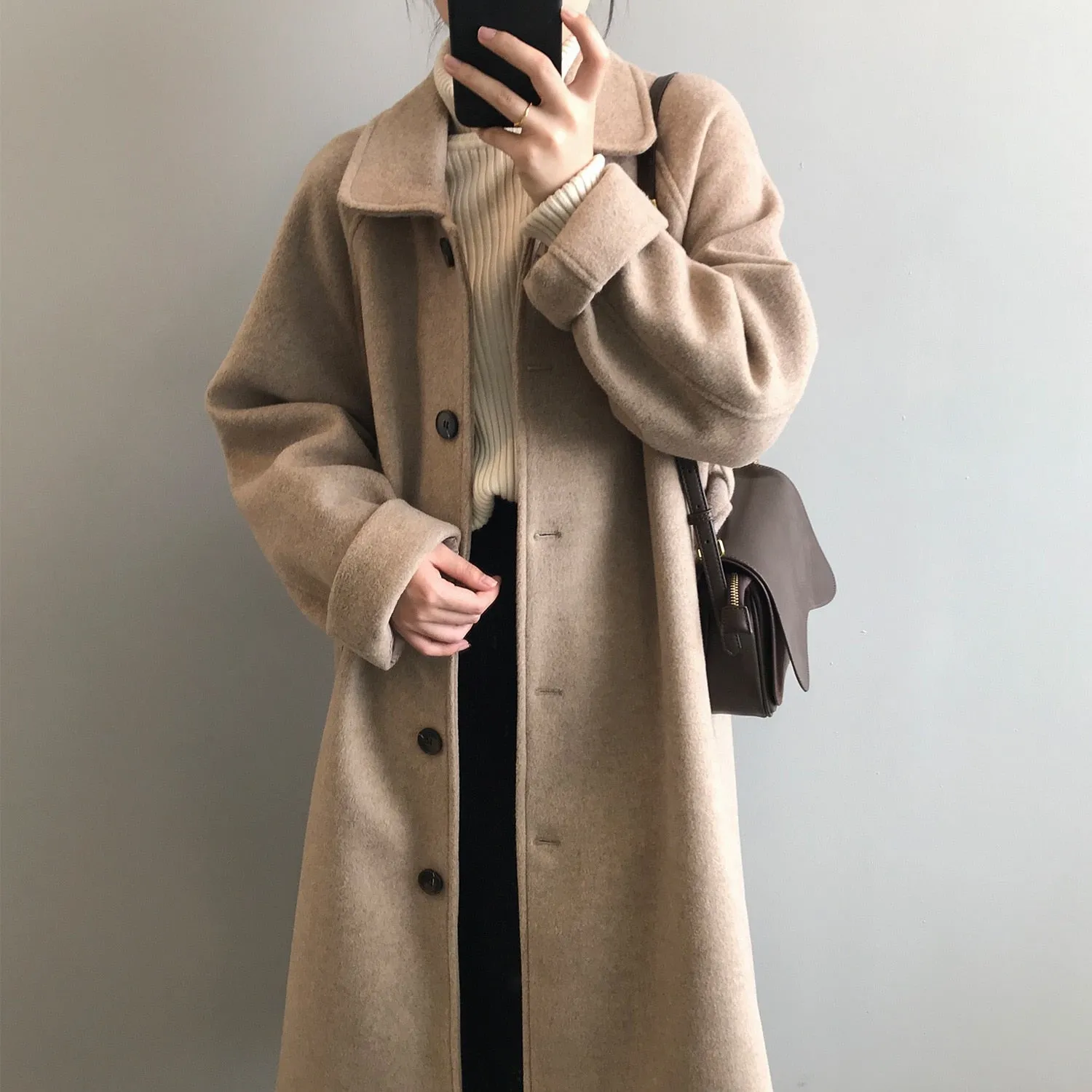 [Korean Style] High Quality Fully Lined Single Breasted A Line Belted Long Woolen Coat