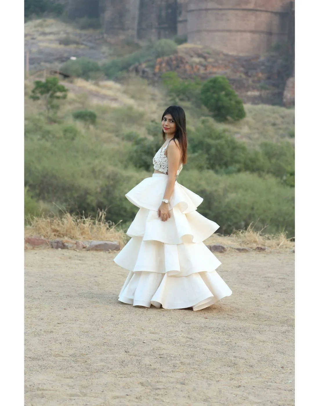 Krupa Jain's Rent Ivory Taffeta Layered Skirt With Crop Top