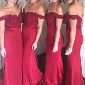 Lace Appliques Off The Shoulder Long Jersey Mermaid Bridesmaid Dresses