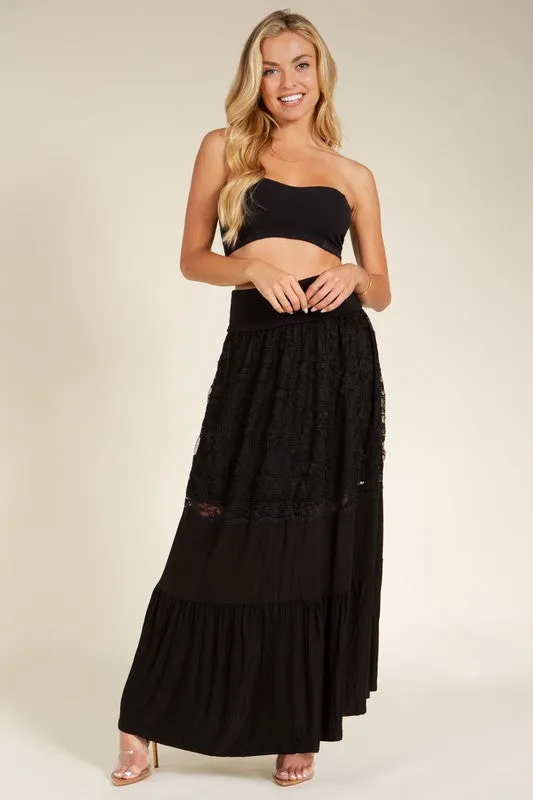 Lace Combo Tier Ruffle Maxi Skirt