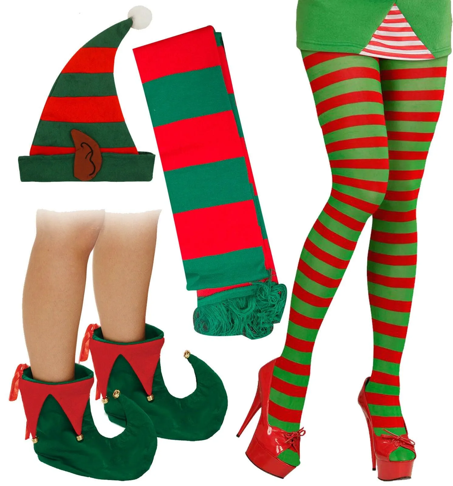 Ladies Christmas Santa Helper Elf Hat Stripy tights Scarf Shoes Xmas Fancy Dress