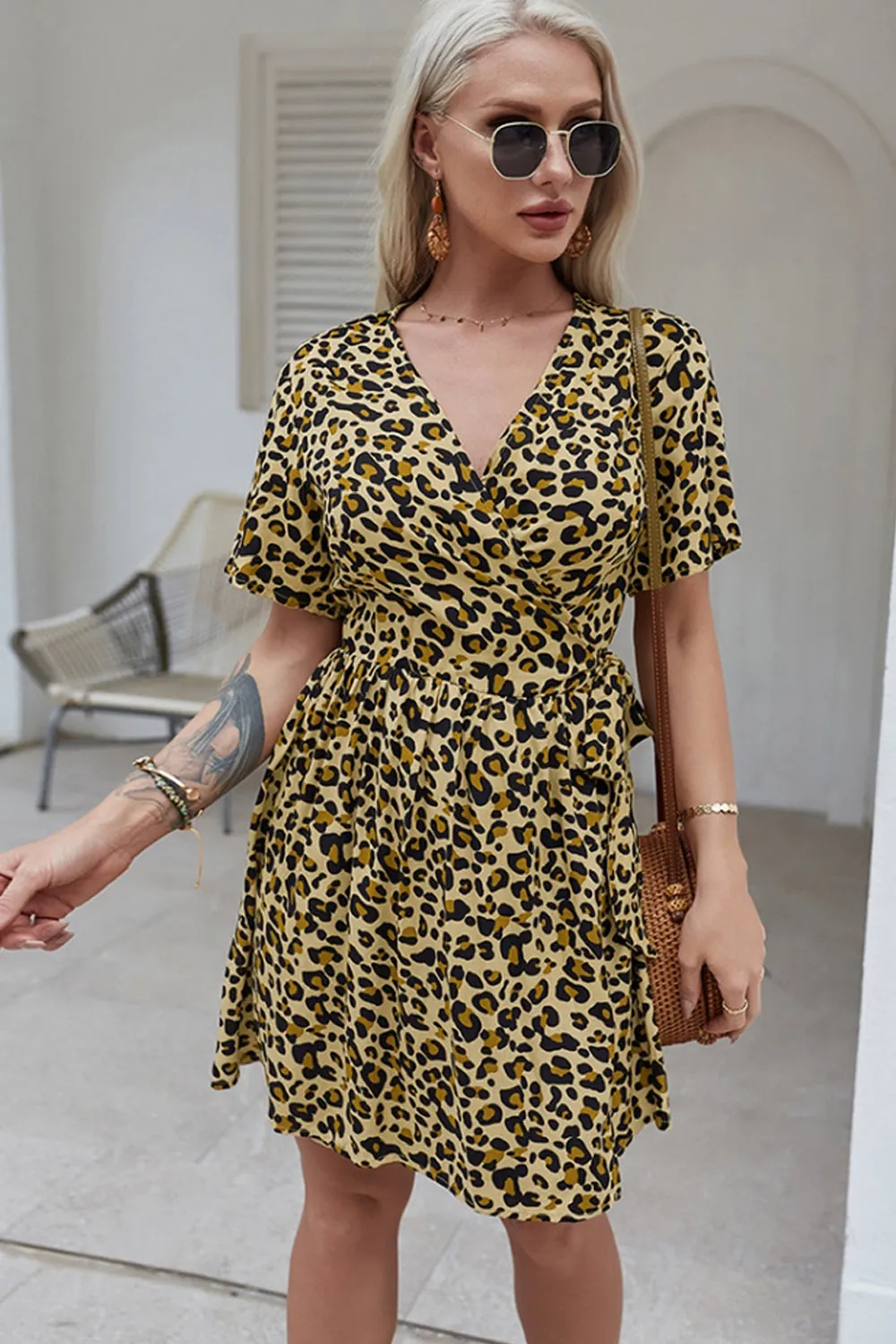 Leopard Print Wrap Chest Short Dress