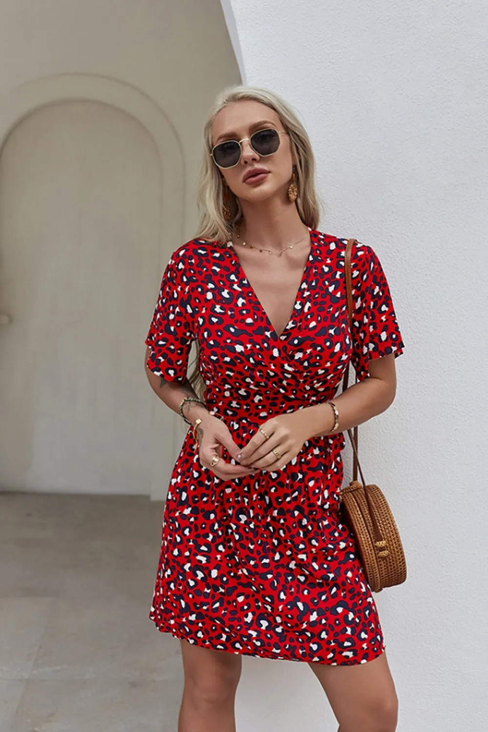 Leopard Print Wrap Chest Short Dress