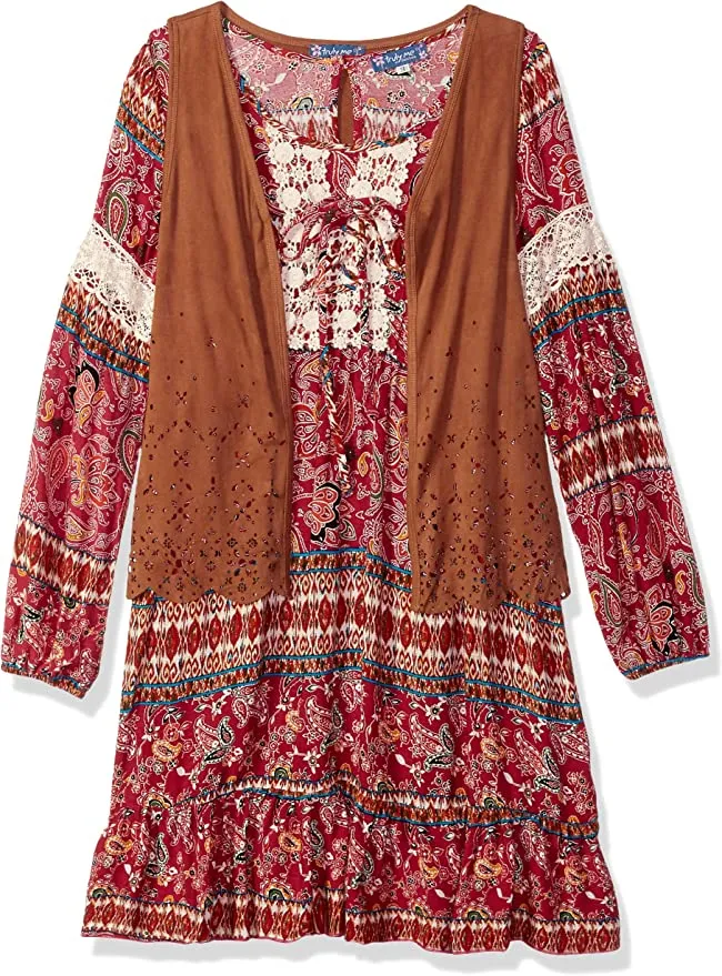 Little I Big Girls Boho Boarder Print Yoke Dress