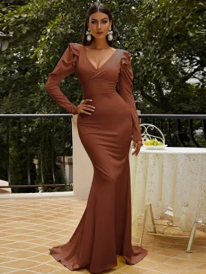 Long Puff Sleeve Brown Mermaid Prom Dress M02080