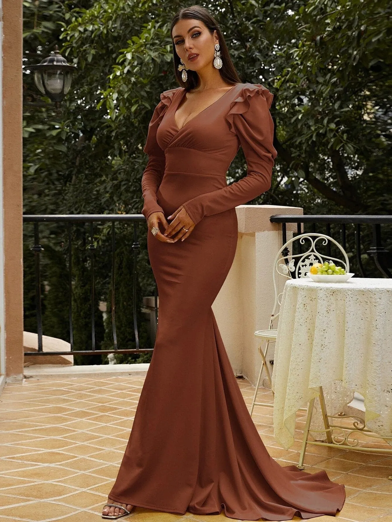 Long Puff Sleeve Brown Mermaid Prom Dress M02080