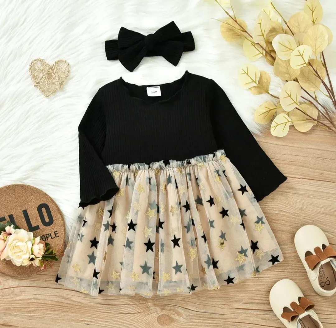 Long Sleeve Black and Gold Star Dress with Headband #1001112