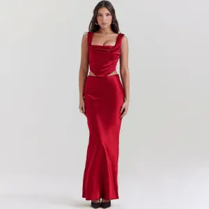 Luxury Cowl Neck Lace Up Satin Corset Top Maxi Skirt Matching Set - Burgundy