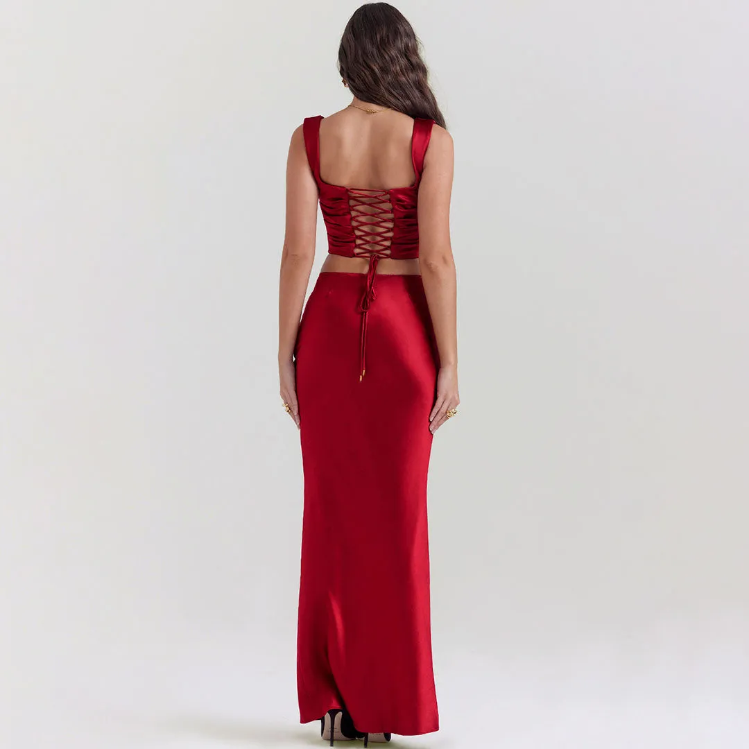 Luxury Cowl Neck Lace Up Satin Corset Top Maxi Skirt Matching Set - Burgundy