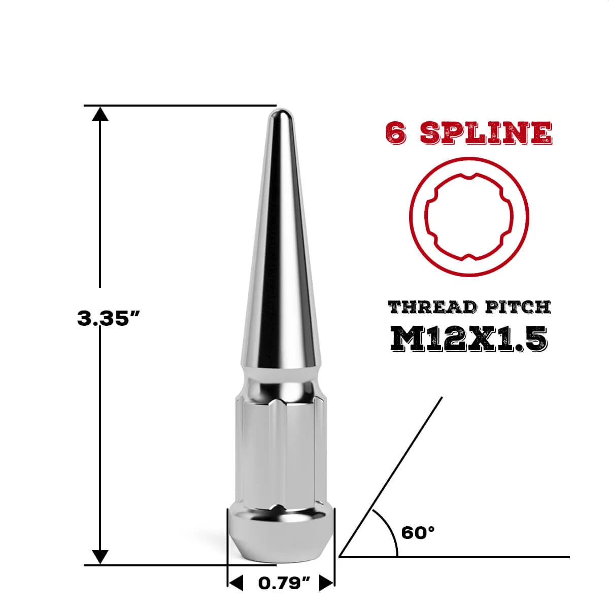 M12x1.5 Spike Lug Nuts For Honda Acura Toyota Chevy 3.35" Tall 20pcs 1key Conical 60 Degree Seat with 6 Spline