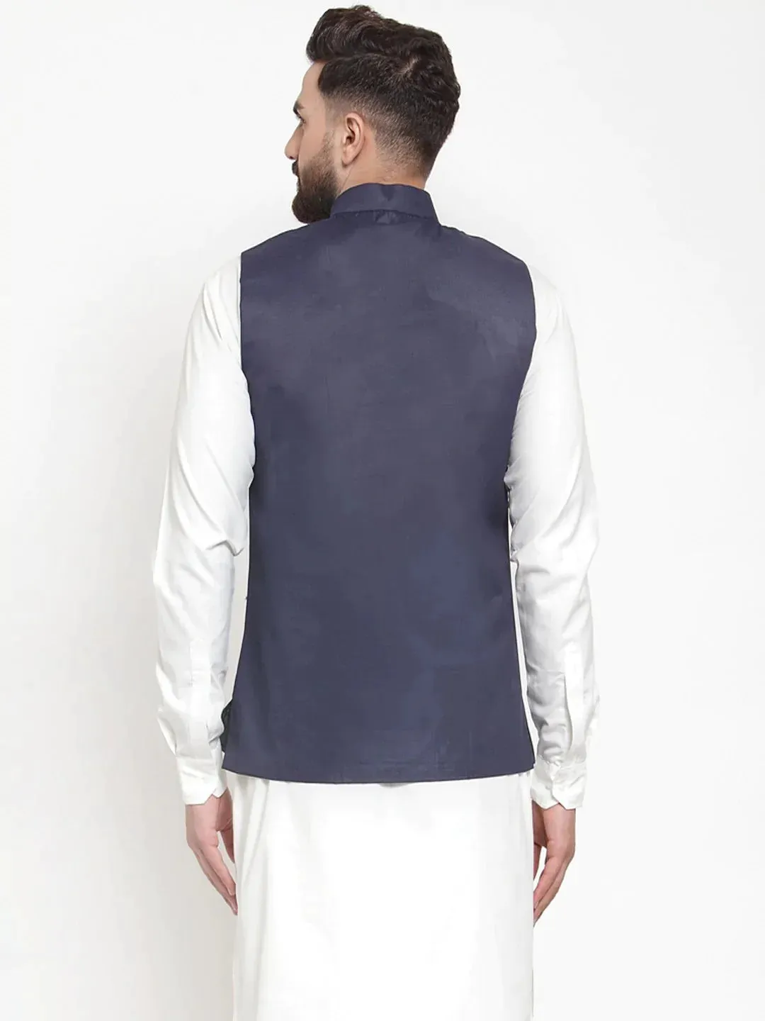 Men Navy-Blue Solid Nehru Jacket