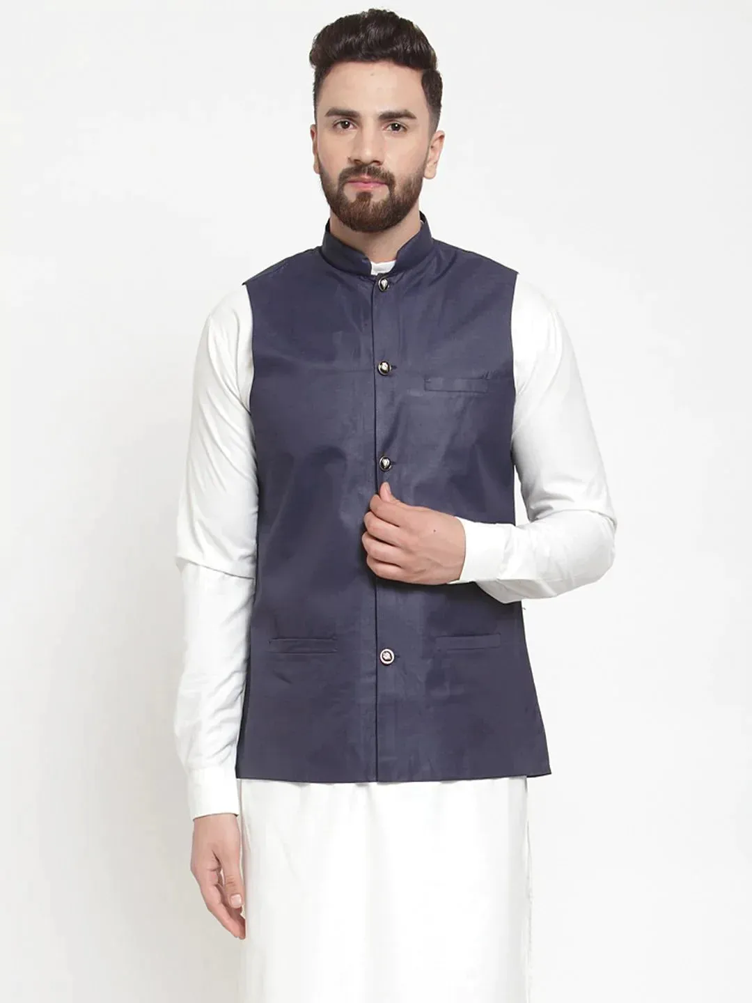 Men Navy-Blue Solid Nehru Jacket