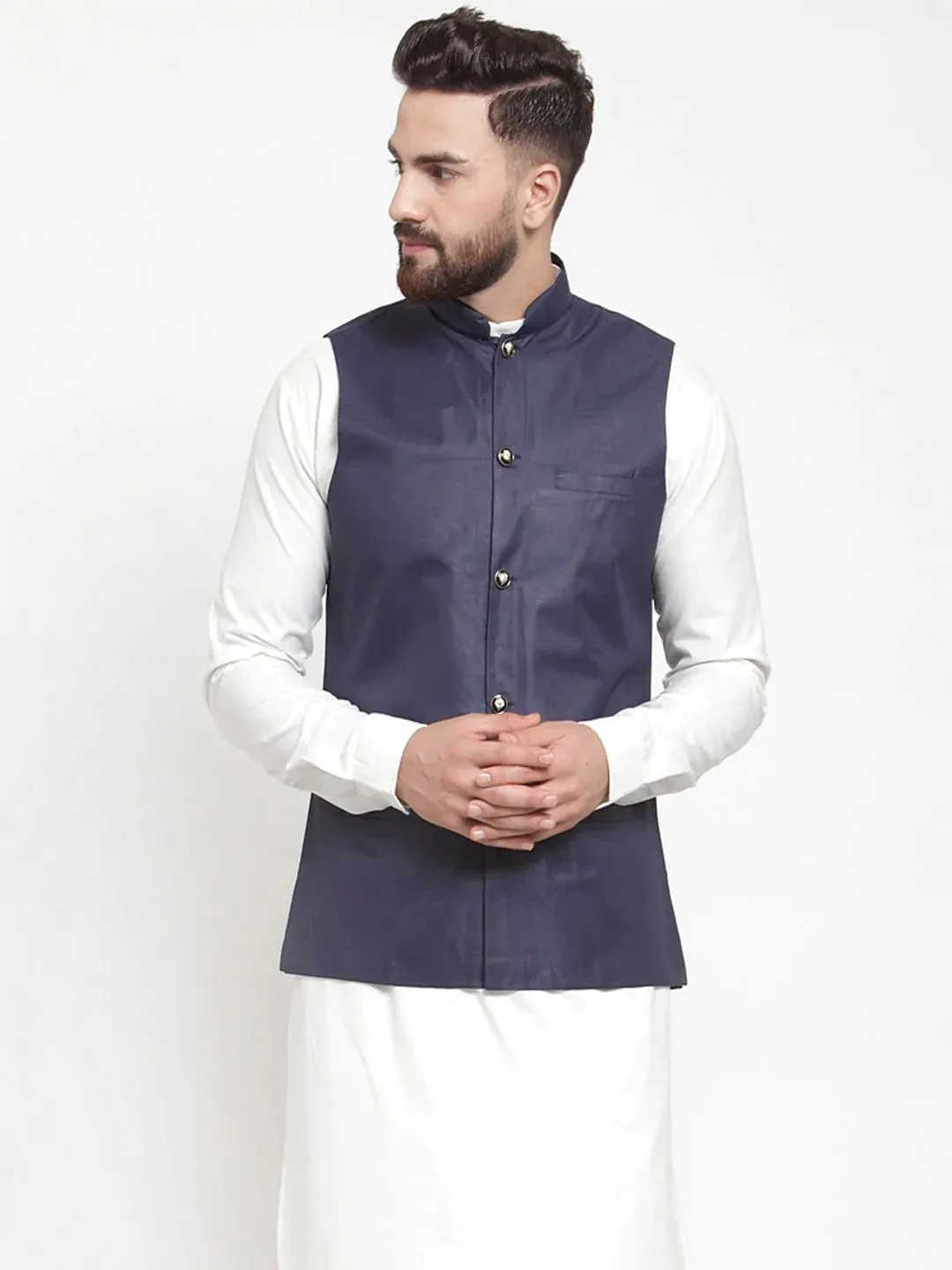 Men Navy-Blue Solid Nehru Jacket