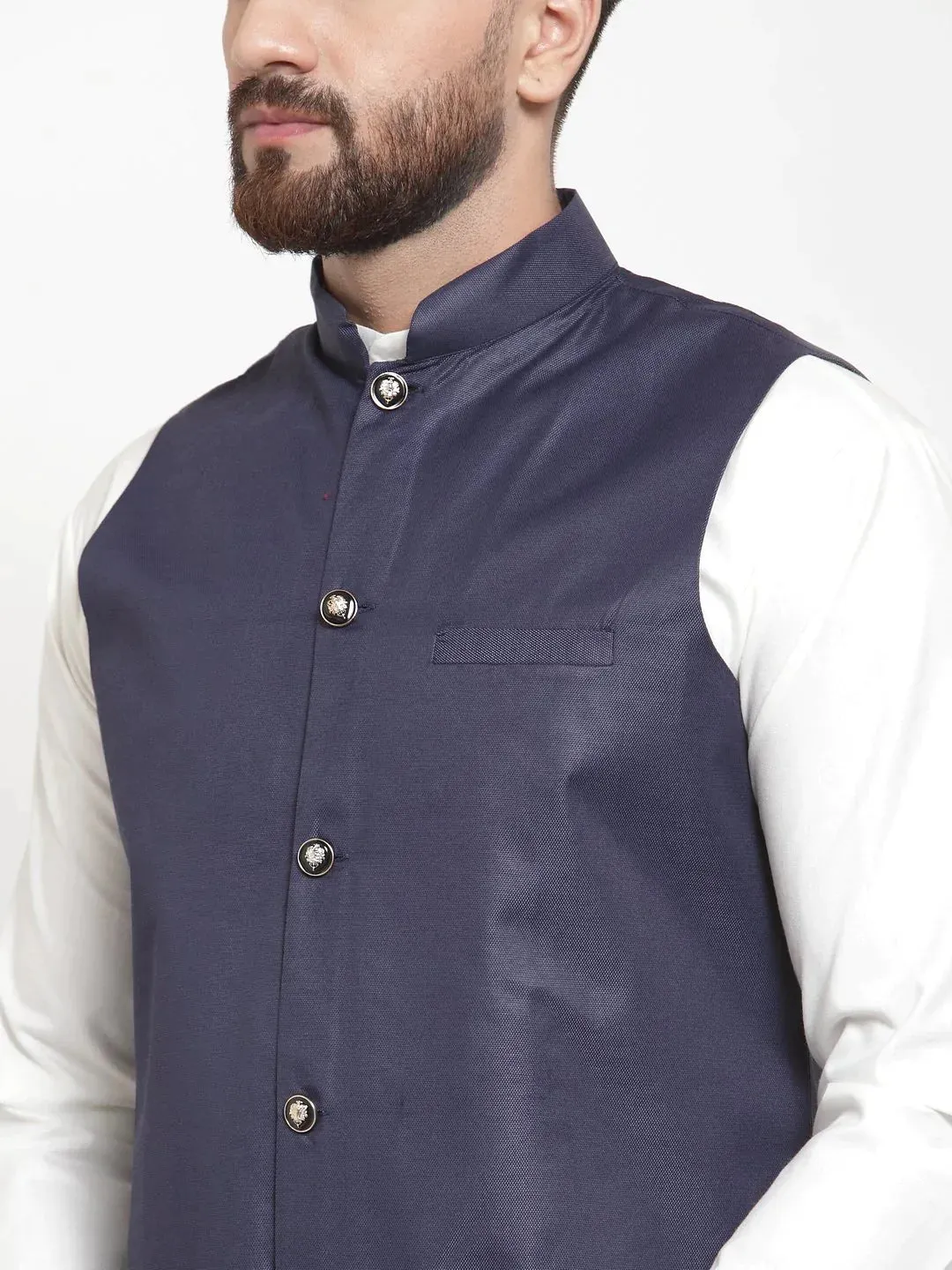 Men Navy-Blue Solid Nehru Jacket