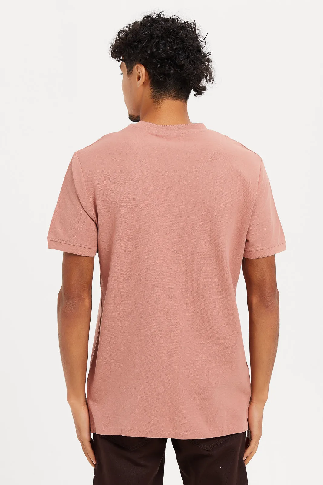 Men Pink Henley Collared Polo Shirt