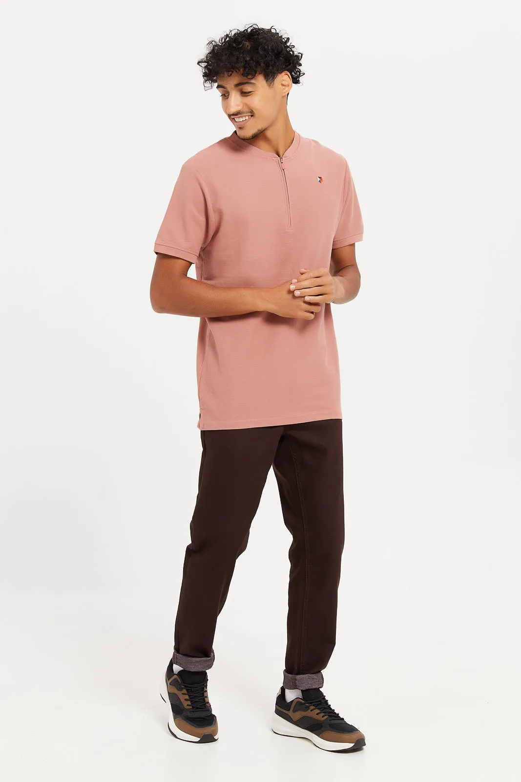 Men Pink Henley Collared Polo Shirt