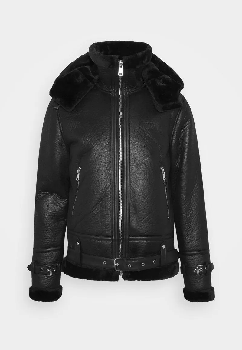 Men’s Aviator Removable Hood Black Leather Shearling Jacket