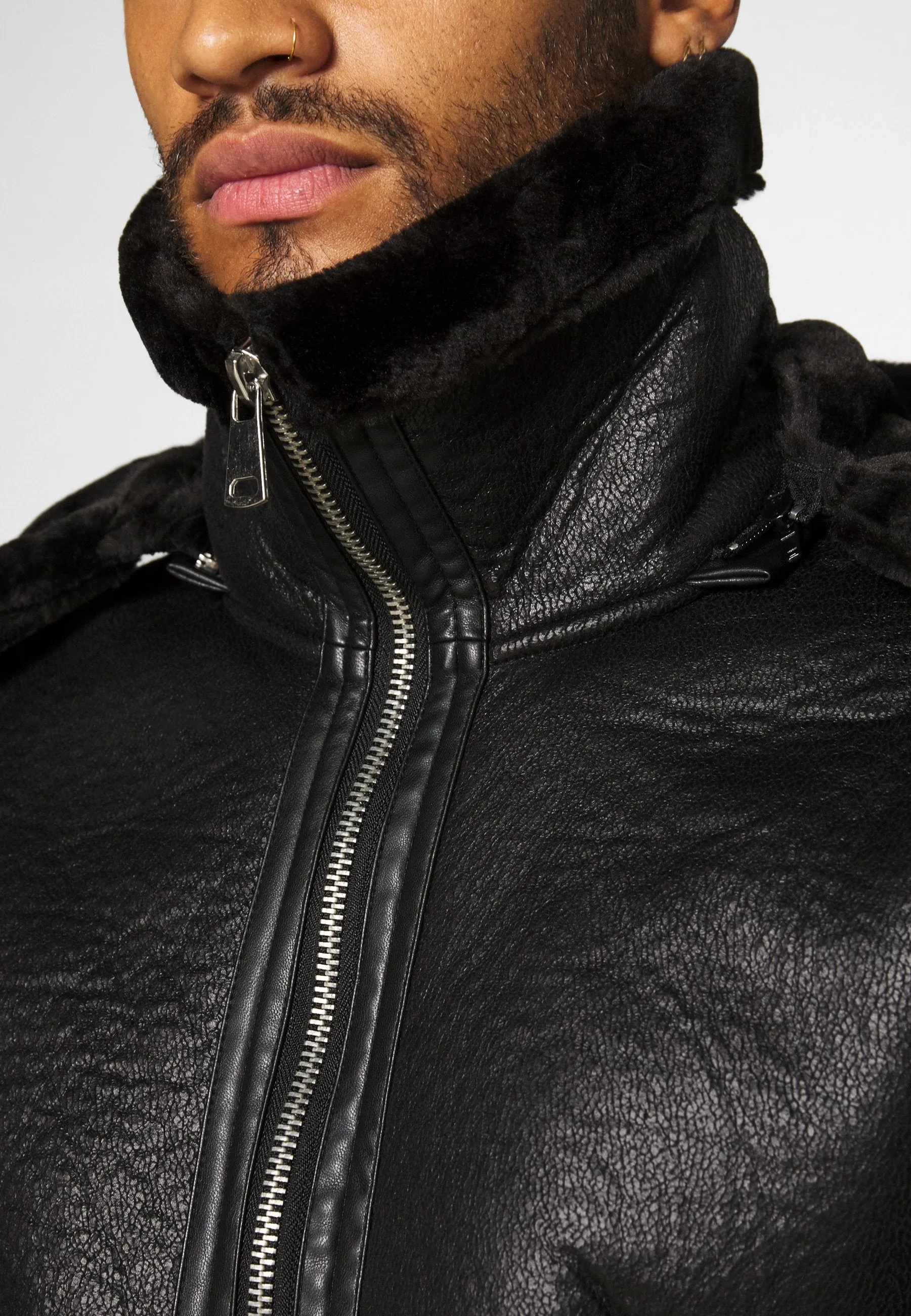 Men’s Aviator Removable Hood Black Leather Shearling Jacket