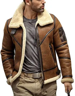 Men's Brown B3 RAF Flight Bomber Aviator Real Sheepskin Leather Shearling Jacket