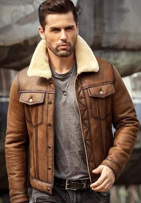 Men’s Brown B3 Shearling Flight Aviator Coat Jacket