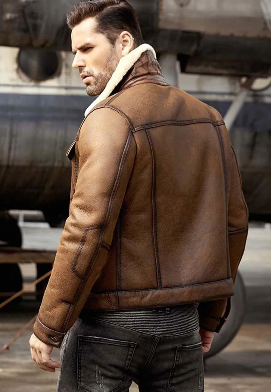 Men’s Brown B3 Shearling Flight Aviator Coat Jacket