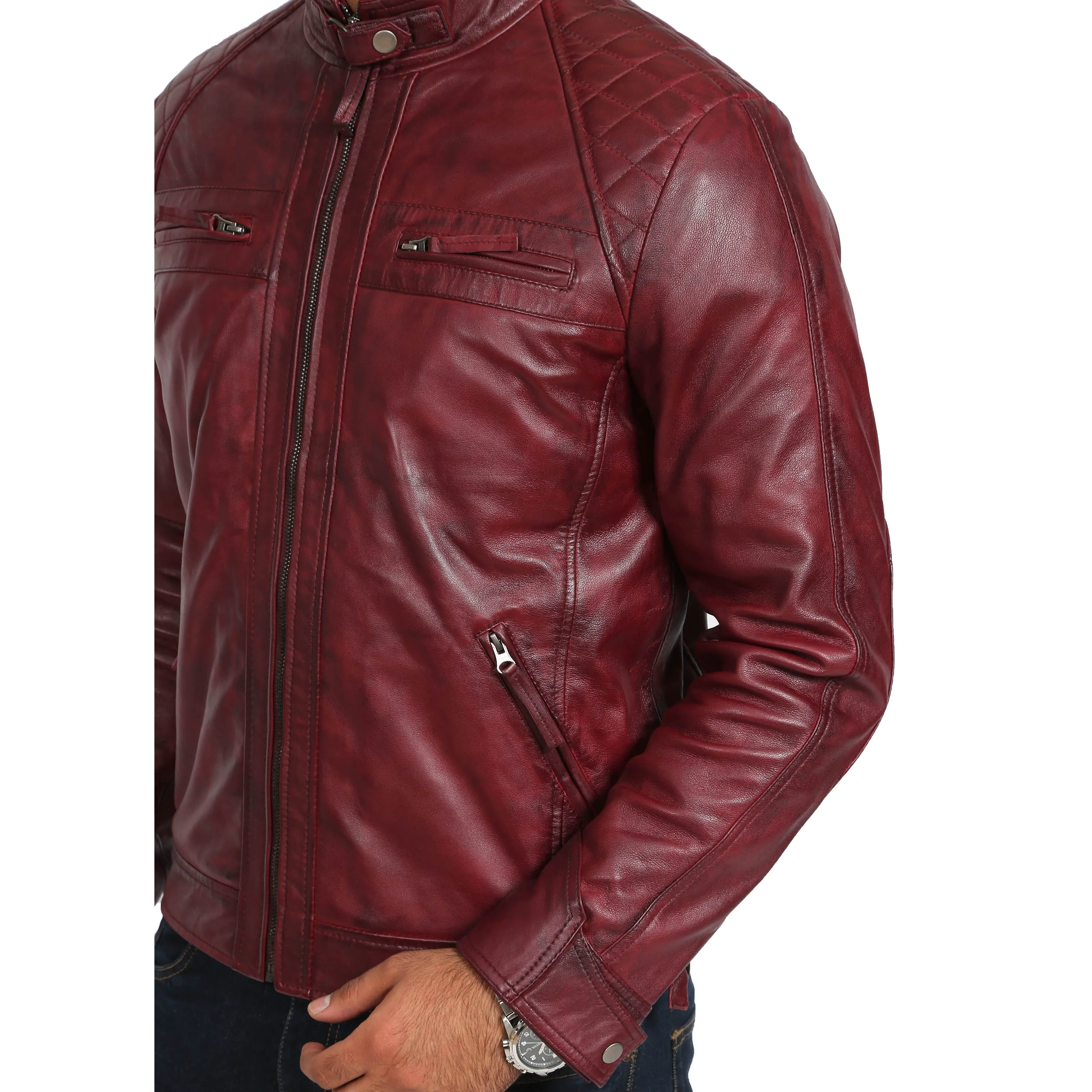 Mens Fitted Biker Leather Jacket Django Burgundy