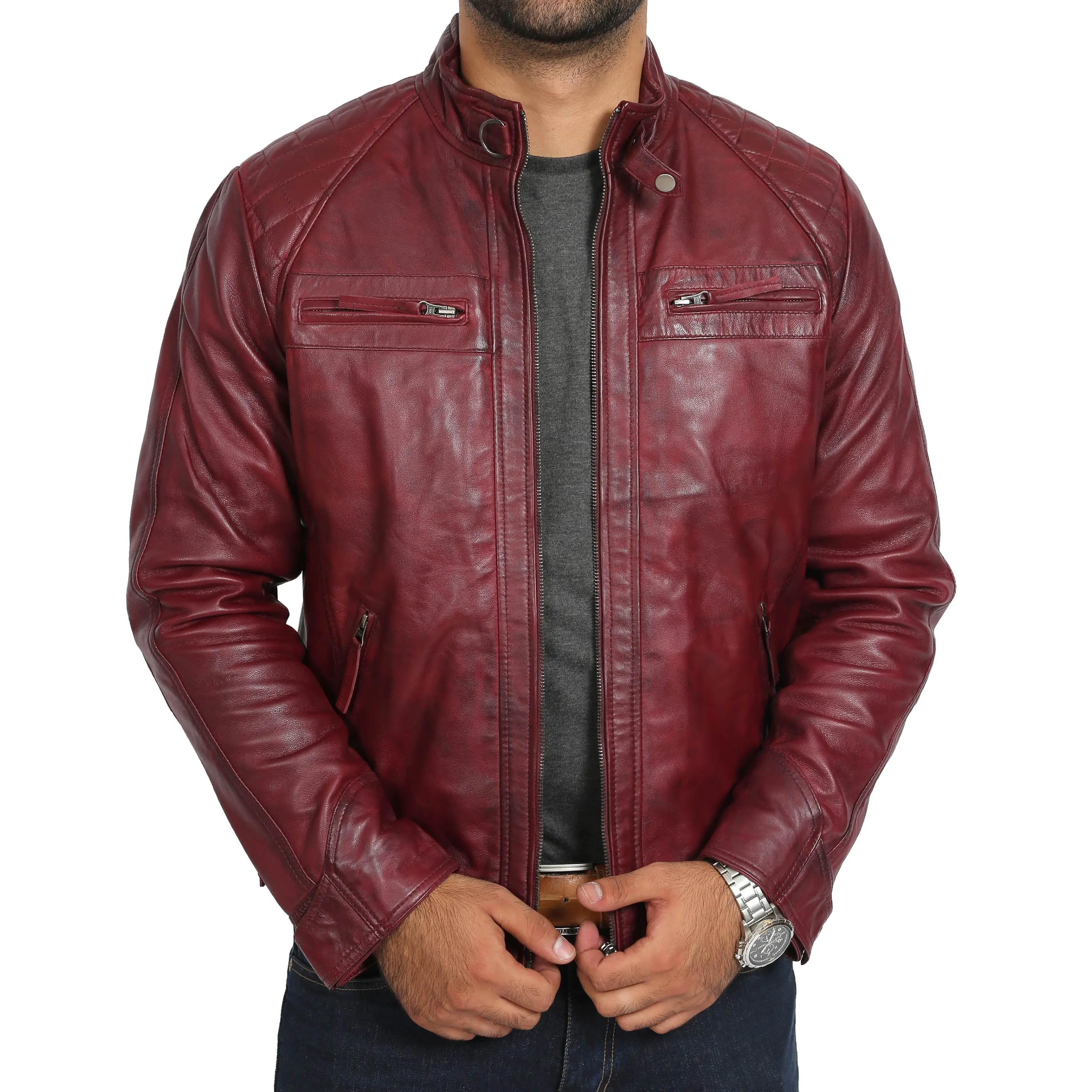 Mens Fitted Biker Leather Jacket Django Burgundy