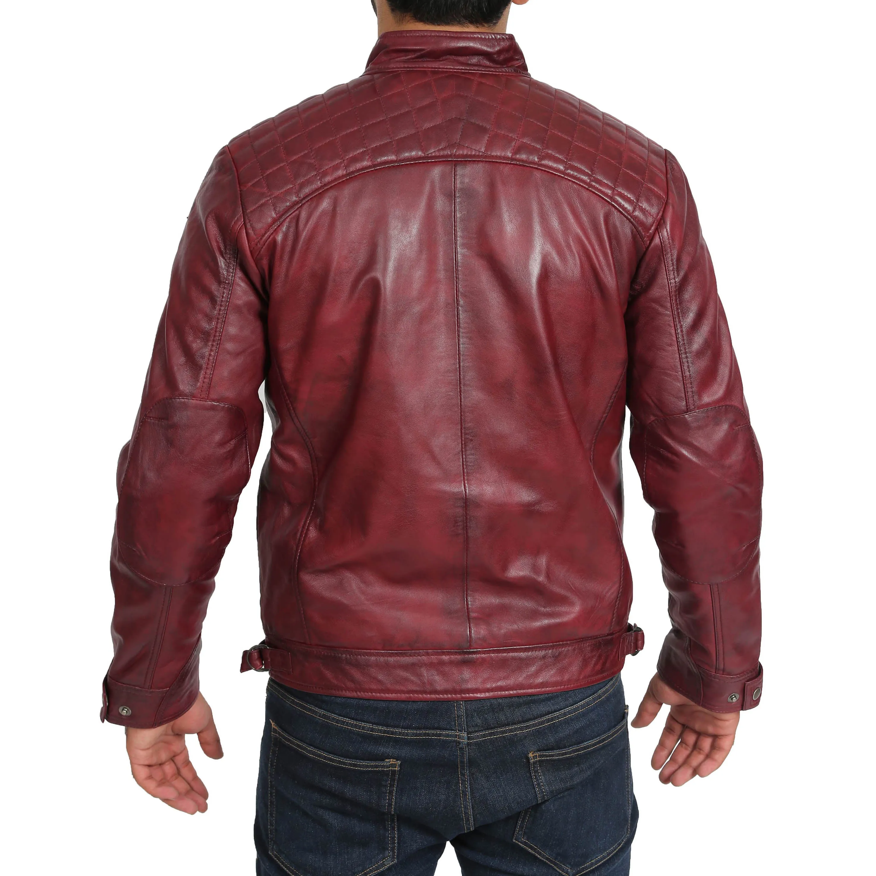 Mens Fitted Biker Leather Jacket Django Burgundy