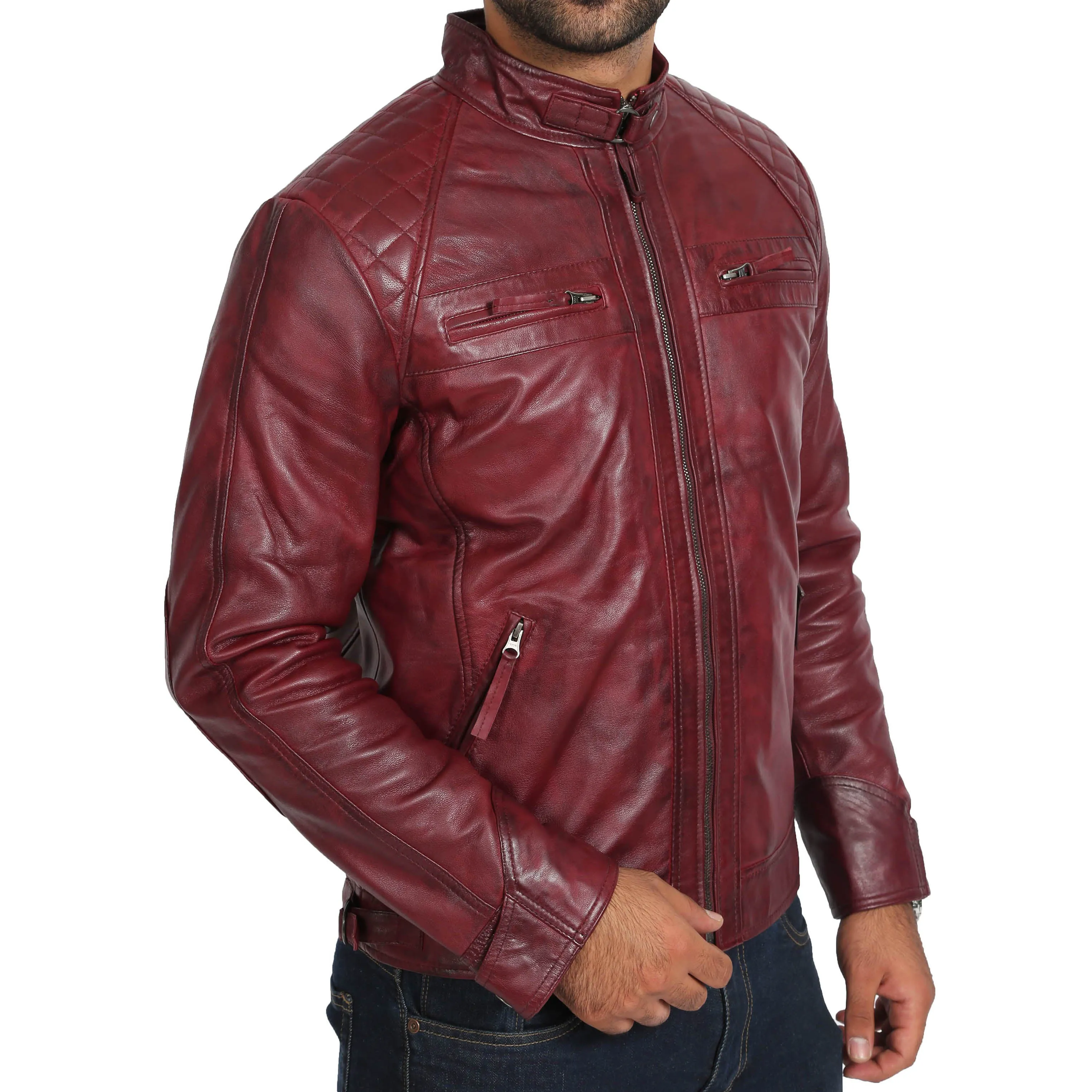 Mens Fitted Biker Leather Jacket Django Burgundy