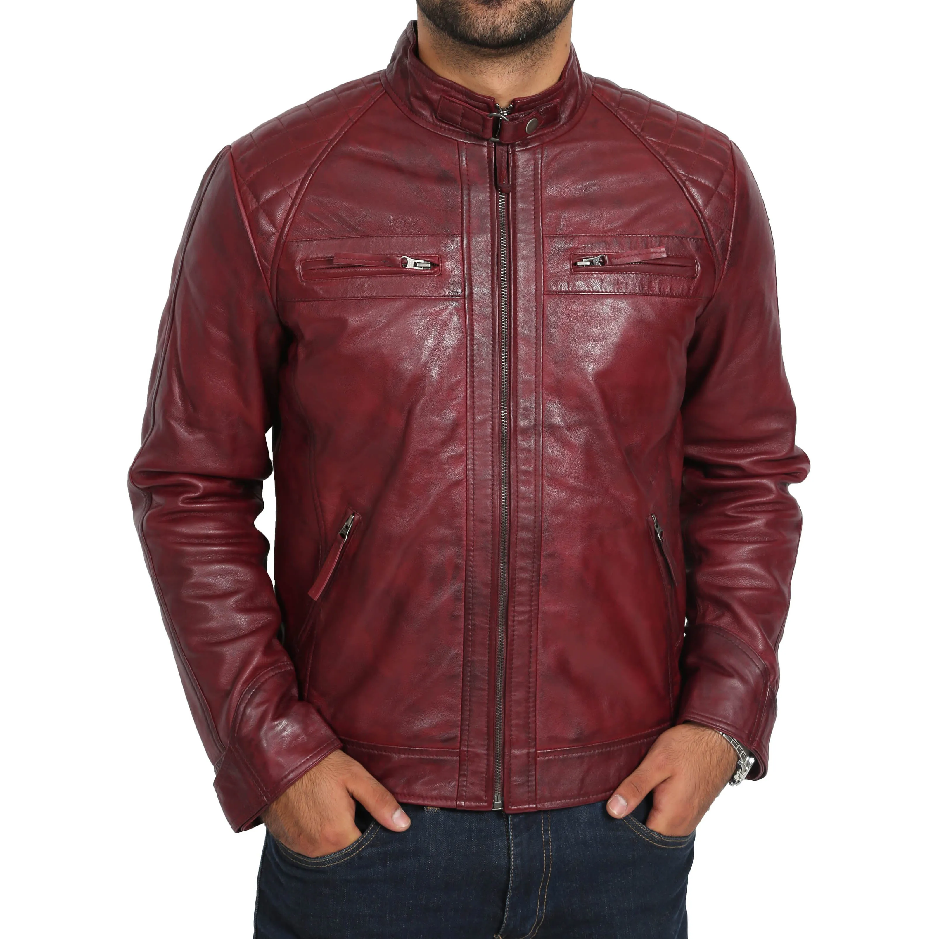 Mens Fitted Biker Leather Jacket Django Burgundy