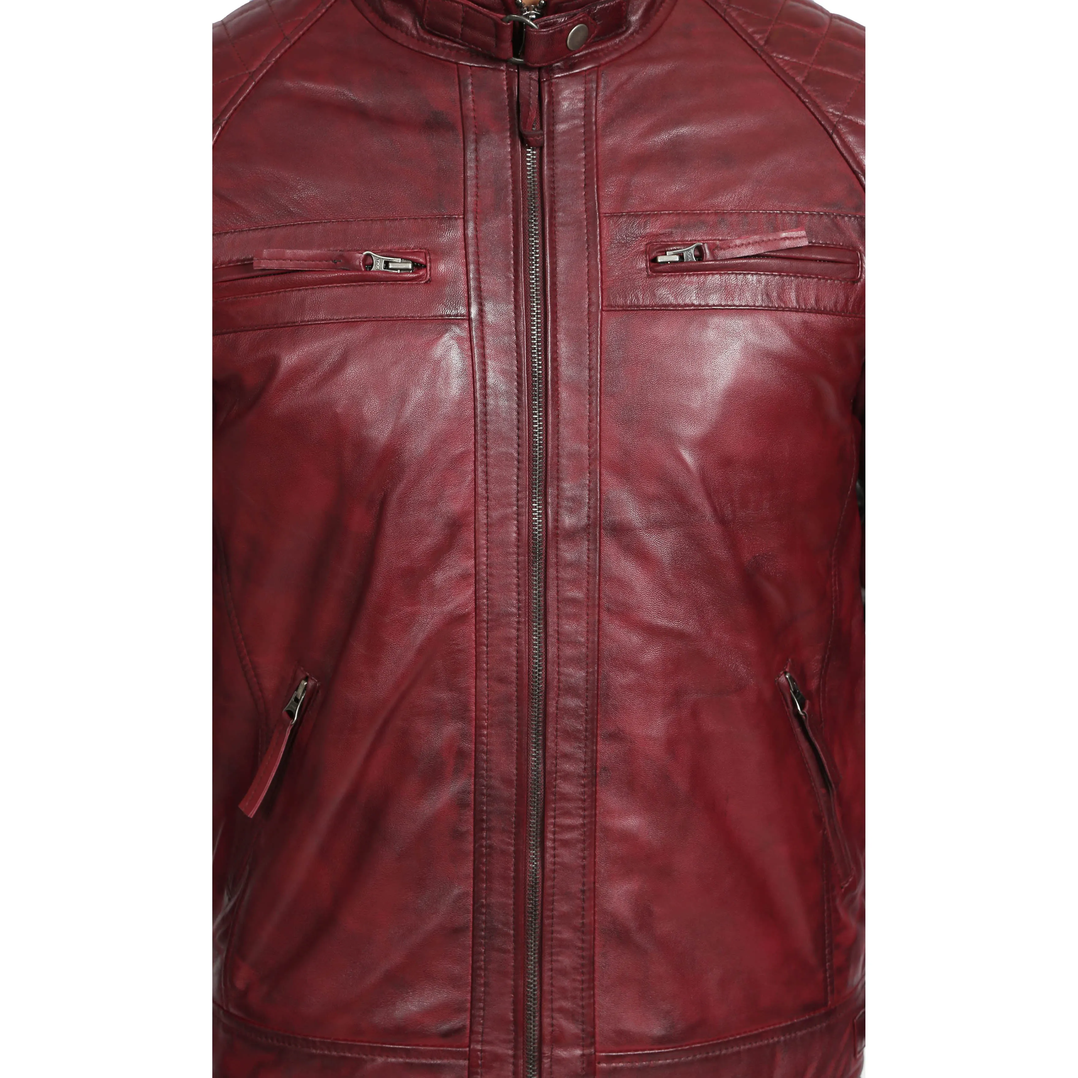 Mens Fitted Biker Leather Jacket Django Burgundy